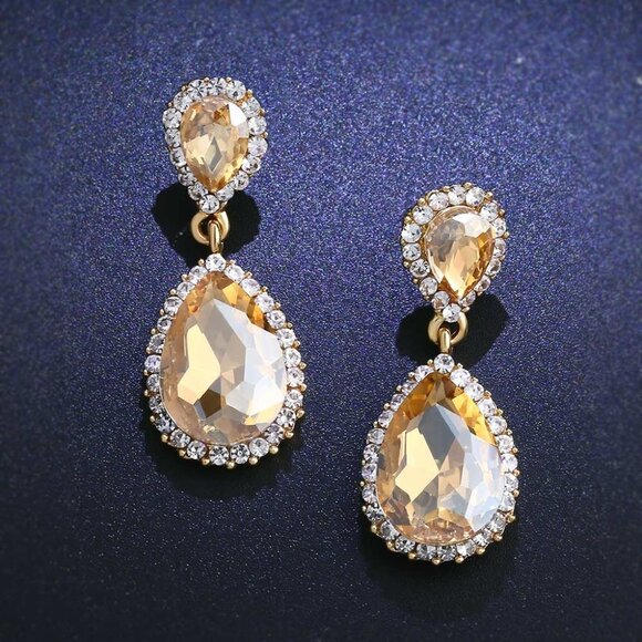 925 Silver Sterling Long Champaign Earrings Simulated Crystal Diamonds - Picture 2 of 6